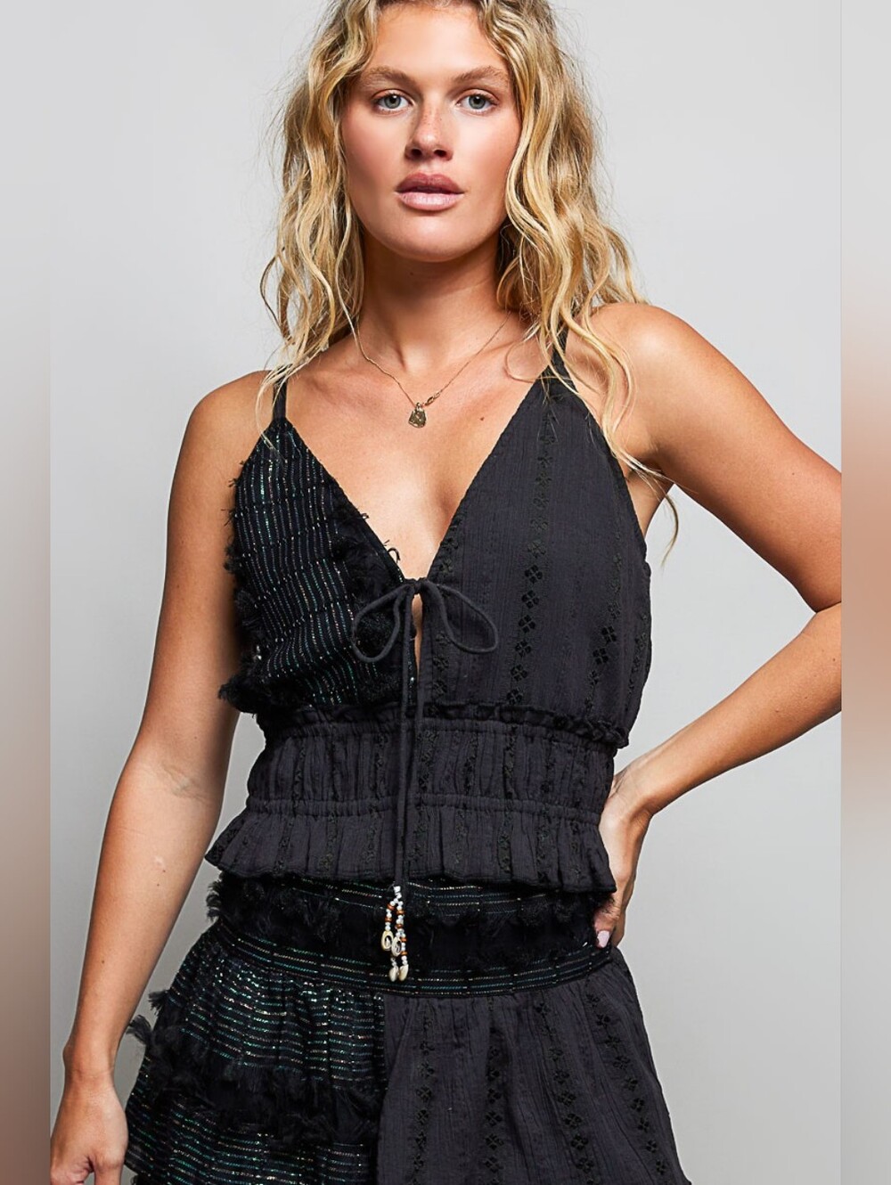 POL V-Neck Cotton Ruffled Crop Cami Top-Black  FAST SHIPPING!!